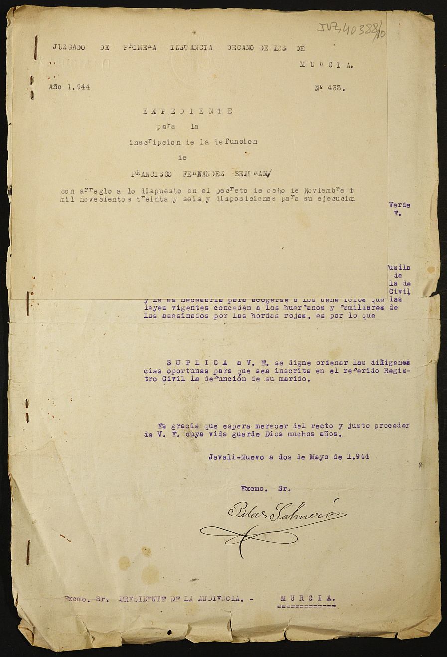 Expediente 433/1944 del Juzgado de Primera Instancia de Murcia para la inscripción en el Registro Civil por la desaparición en el frente de Francisco Fernández Beltrán.